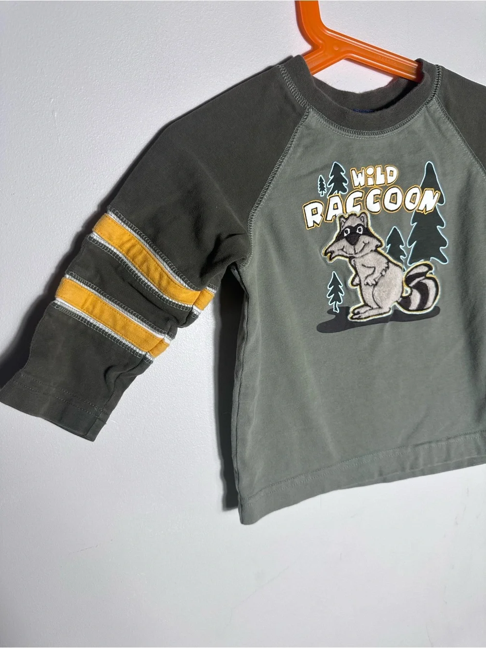 Vintage Cherokee Olive Long-Sleeve Tee with Raccoon Graphic & Yellow Stripes
